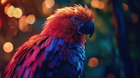 Detailed shot of a majestic bird with bright feathers, sitting gracefully against a backdrop of glowing, softly diffused lights, adding a dreamy quality to the scene.の素材