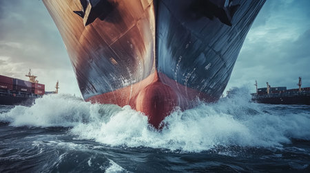 Detailed shot of a cargo ship stern with visible propellers and rudders, captured from a low angle as the ship moves through the water.の素材