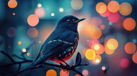 Detailed shot of a beautiful bird in profile, with a background of blurred, colorful lights that enhance the bird's natural beauty and vivid colors.の素材