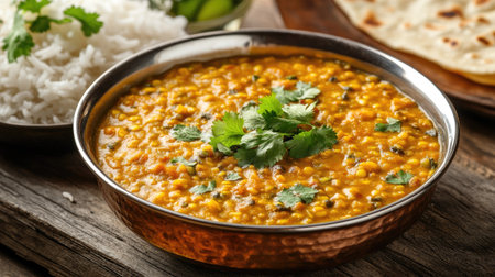Detailed shot of a bowl of flavorful Indian dal, with its rich, golden color and garnished with fresh herbs, served with rice and chapati.の素材
