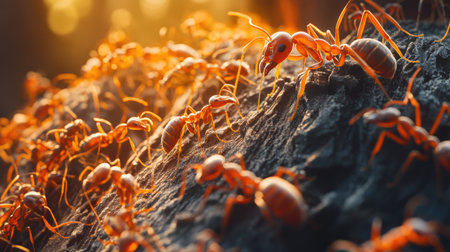 Detailed shot of a colony of ants working together, with a focus on their intricate textures and teamwork on a surface like a tree trunk or ground.の素材