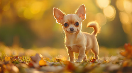 Detailed shot of a small, cute dog with a wagging tail and perky ears, set against a soft, blurred background to highlight its cuteness.の素材