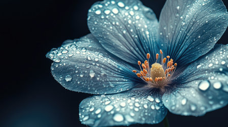 Detailed image of a flower with intricate water droplets on its petals, highlighting the textures and natural beauty of the flower in a serene settingの素材