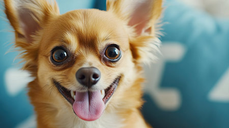 Detailed shot of a small dog with a cheerful demeanor, sitting with its tongue out and eyes sparkling, emphasizing its playful personality. -の素材