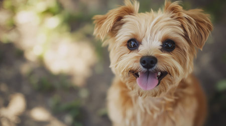 Detailed shot of a small dog with a cheerful demeanor, sitting with its tongue out and eyes sparkling, emphasizing its playful personality. -の素材