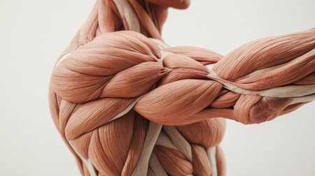 Detailed view of human muscles with a focus on the biceps and triceps, showcasing their anatomical features and textures in a neutral setting.の素材