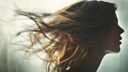 Detailed shot of a woman with beautifully layered hair, showcasing the movement and texture of her hairstyle in a soft, blurred background.の素材