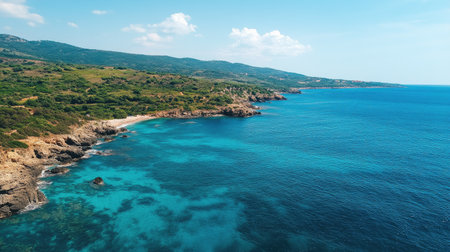 Drone capture of a rugged shoreline and sparkling sea, showcasing a summer destination with vibrant coastal landscapes.の素材