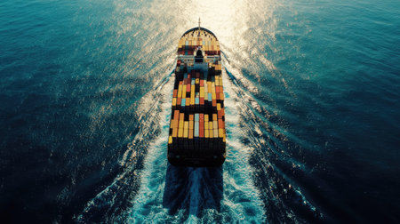 Drone shot of a large cargo ship loaded with containers, moving across the open ocean, symbolizing global business services for import and export.の素材