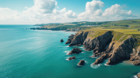 Drone capture of a rugged shoreline and sparkling sea, showcasing a summer destination with vibrant coastal landscapes.の素材