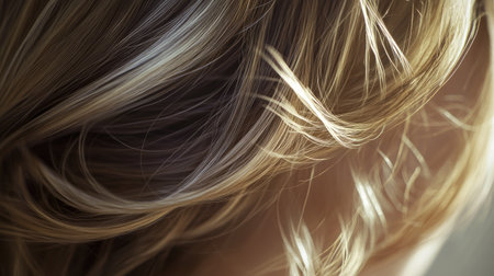 Detailed view of a woman hair with soft, natural highlights, styled in a simple yet elegant manner, capturing the light and texture of her hair.の素材