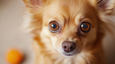 Detailed view of a small, cute dog with a bright, curious gaze, captured in a moment of playfulness with a toy or treat.の素材