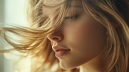 Detailed shot of a woman with beautifully layered hair, showcasing the movement and texture of her hairstyle in a soft, blurred background.の素材