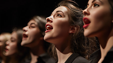 Detailed view of a vocal ensemble with singers standing in formation, focusing on their faces and hands as they engage in a harmonious renditionの素材