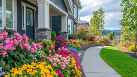 Facade of a house with a colorful front yard garden, highlighted by blooming flowers and a smooth concrete walkway. Perfect for real estate and curb appeal.の素材