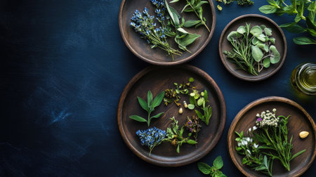 Folk herbs and medicinal accessories arranged on wooden plates. Dark navy blue backdrop enhances the aesthetic appeal, ideal for advertising natural health care.の素材