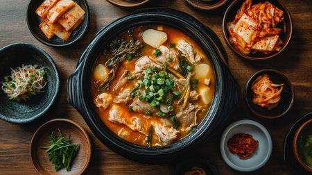 Flat lay of a hearty Korean meal featuring ginseng chicken soup (Samgyetang) with various banchan (side dishes) and kimchi, set on a wooden table.の素材