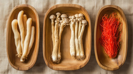 Herbal collection on wooden dishes: ginseng roots, Ganoderma mushrooms, and red ginseng. Beige background enhances their natural elegance, suitable for health product marketing. -の素材