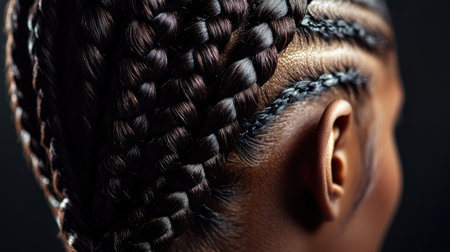 High-definition image of a woman with a stylish braid, featuring a close-up view of the braid intricate pattern and smooth finish.の素材