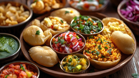 High-definition image of a platter of Indian street food, including pani puri and bhel puri, with a focus on the fresh ingredients and vibrant presentation.の素材