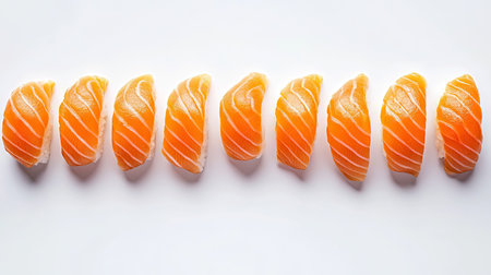 High-definition image of raw salmon sushi pieces arranged on a white background, highlighting the freshness and vibrant color of the fish.の素材