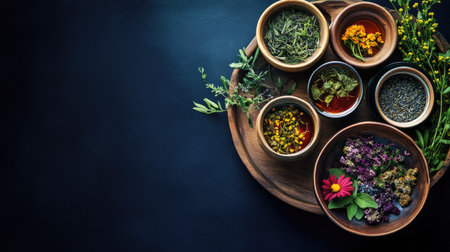 Folk herbs on wooden plates with medicinal pots and cups arranged on a dark navy blue background. An elegant scene perfect for advertising traditional health care and herbal remedies.の素材