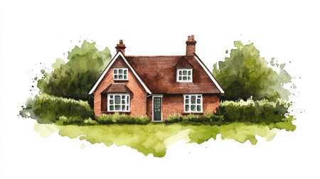English house with a green lawn, isolated on white with a watercolor hand-drawn effect.の素材
