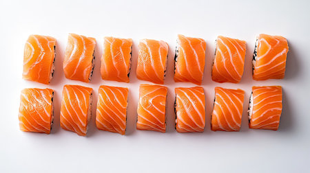High-definition image of raw salmon sushi pieces arranged on a white background, highlighting the freshness and vibrant color of the fish.の素材