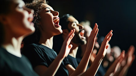 Detailed view of a vocal ensemble with singers standing in formation, focusing on their faces and hands as they engage in a harmonious renditionの素材