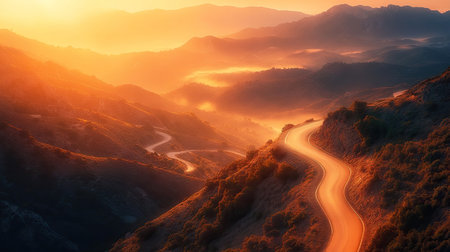 High-definition image of a mountain road at sunrise, with the early light casting a warm glow over the winding path and surrounding misty mountains.の素材
