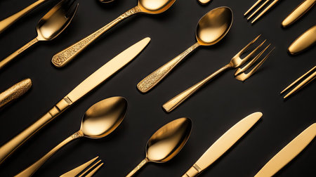 High-end gold knives and spoons placed in a stylish pattern on a black background. The gleaming cutlery adds a sense of sophistication to the scene.の素材