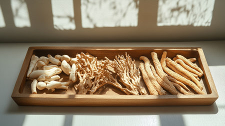 Ginseng roots and Ganoderma mushrooms beautifully arranged on a wooden tray. White background with shadow of a window highlights the herbal collection for health marketing.の素材