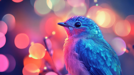High-definition shot of a bird with bright, iridescent feathers, set against a backdrop of abstract, multicolored lights for a dynamic and eye-catching composition.の素材