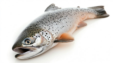 High-resolution image of a whole salmon with its head and tail on a white background, emphasizing its sleek body and glistening scales.の素材