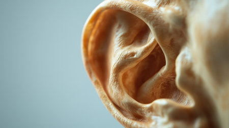 High-resolution shot of a human ear with visible internal structures like the eardrum and auditory canal, set against a clean background for clarity.の素材