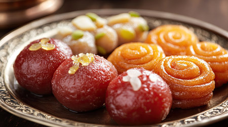 High-resolution image of traditional Indian sweets, such as gulab jamun and jalebi, arranged on a plate with detailed focus on their textures and colors.の素材