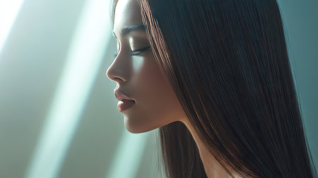 High-resolution image of a woman with sleek, straight hair falling gracefully over her shoulders, captured in soft, natural light to emphasize its smoothness.の素材