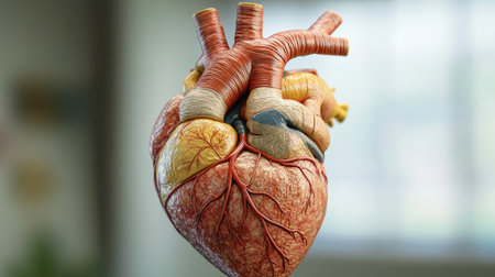 High-resolution image of a human heart model with clear anatomical labels, showing its intricate structure and major arteries. -の素材