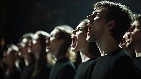 High-resolution shot of a choir in full performance, capturing the singers in mid-song with open mouths and expressive gestures, against a dramatic backgroundの素材