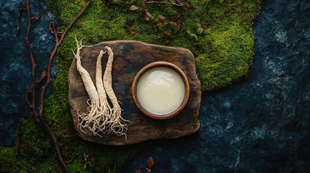 Natural beauty scene featuring a bowl of ginseng tonic on a wooden board, ginseng roots, and dried twigs, all resting on vibrant green moss. A serene and organic setup.の素材
