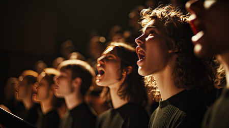 High-resolution shot of a choir in full performance, capturing the singers in mid-song with open mouths and expressive gestures, against a dramatic backgroundの素材