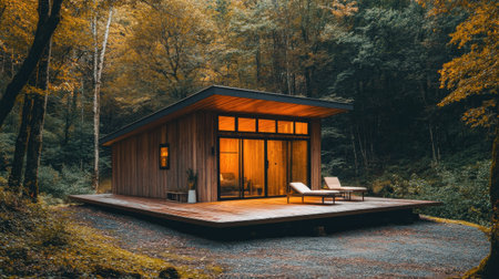Modern wooden cabin in a forest, offering a cozy and serene escape, perfect for a relaxing getaway.の素材