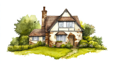 Idyllic English house on a green lawn, hand-drawn in watercolor and isolated on white.の素材