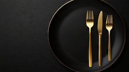 Luxurious gold cutlery set with knives and forks framing an empty black plate on a dark background. The design showcases sophistication in dining. -の素材
