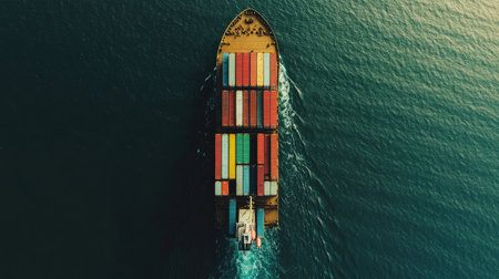 Overhead view of a cargo container ship at sea, showcasing international transportation routes and import/export activities in the Asia-Pacific region.の素材