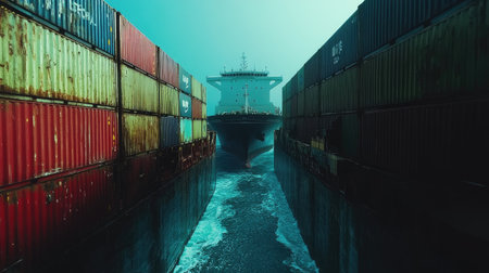 Rear perspective of a cargo ship with containers stacked in the deep sea. Highlights the logistics of sea freight transportation and the scale of industrial port operations.の素材