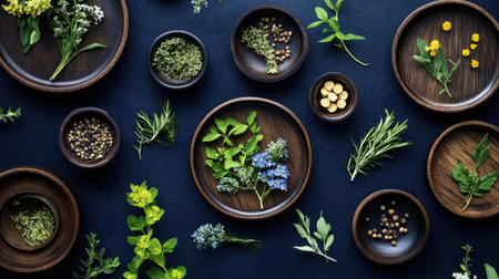 Rich dark navy blue background with folk herbs on wooden plates, highlighted by traditional medicinal pots and cups. Perfect for natural health care and wellness advertising.の素材