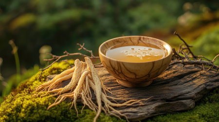 Serene scene with a bowl of ginseng tonic on a wooden platform, surrounded by ginseng roots and dried twigs on a green mossy background. Natural beautyの素材