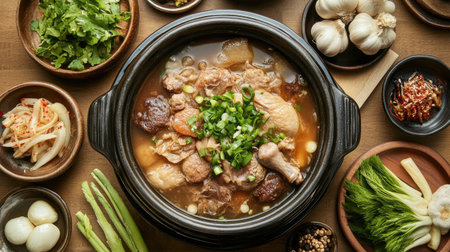 Rustic presentation of Korean ginseng chicken soup in a traditional pot, surrounded by fresh ginseng, garlic, and Korean side dishes. A popular dish during hot summers.の素材