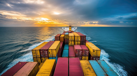 Rear view of a cargo container ship navigating the deep sea. Showcases business logistics and sea freight transportation, with containers stacked high and industrial port backdrop.の素材